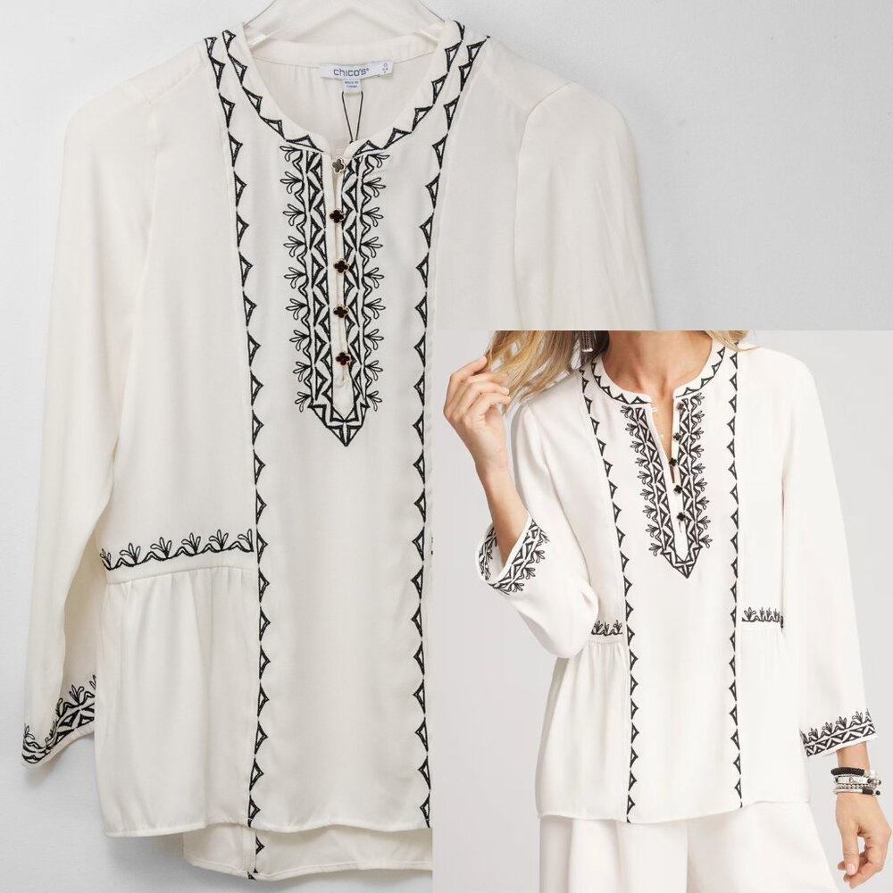 Chico's Satin Embroidered Blouse Bohemian Long Sleeve Off White Black Size 0 / 4